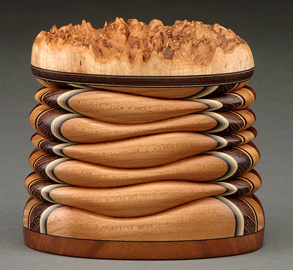 Small Box with Black Ash Burl (natural edge), Elm, Lacewood